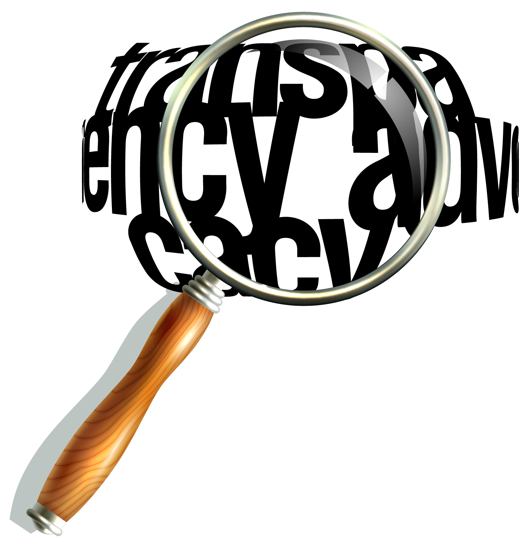 Image of a magnifying glass gong over the words, transparency advocacy